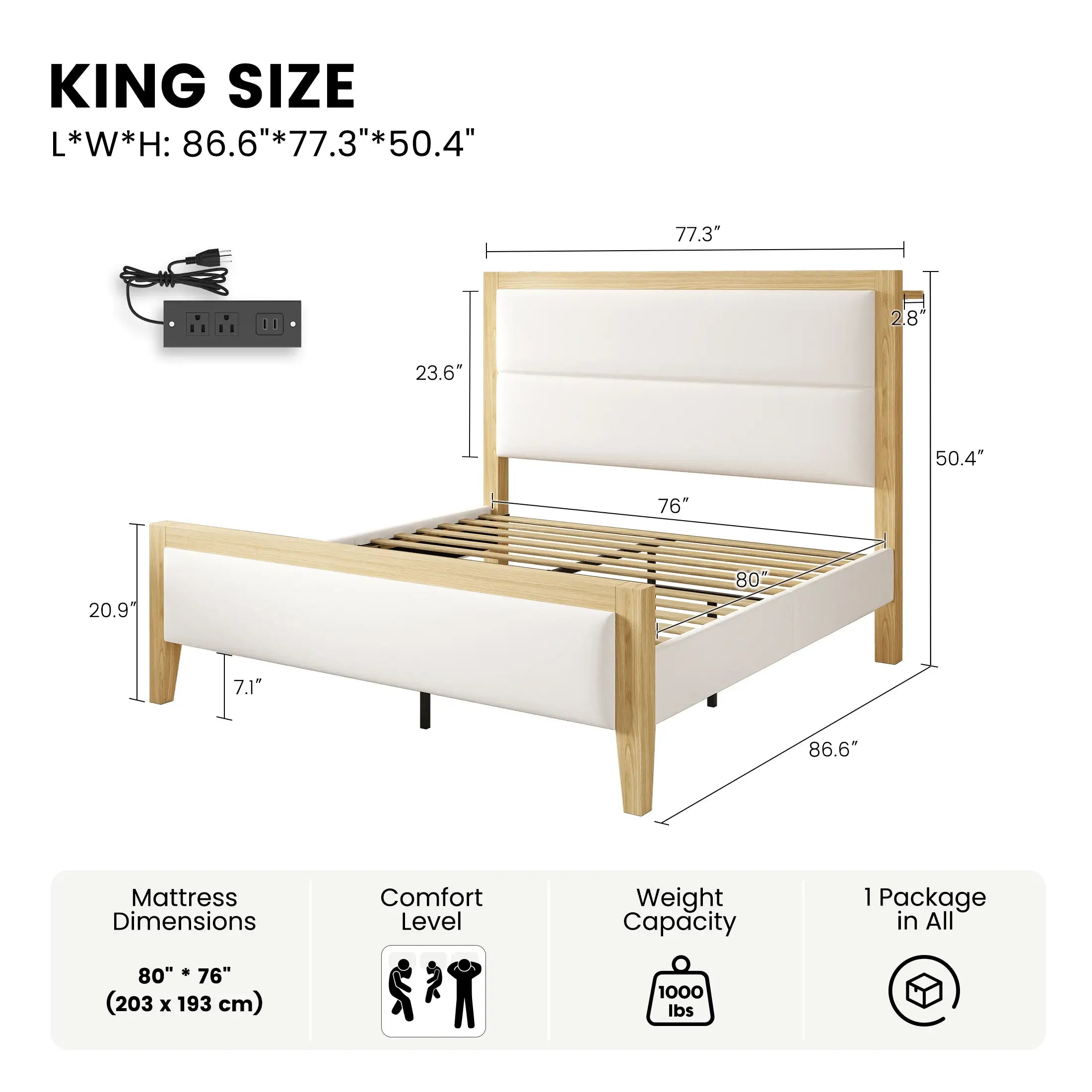 Sevan Solid Wood Upholstered Platform Bed with Charging Station