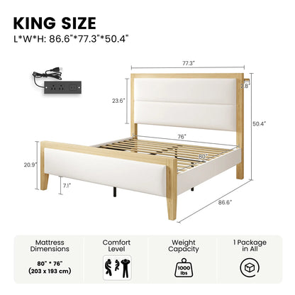 Sevan Solid Wood Upholstered Platform Bed with Charging Station
