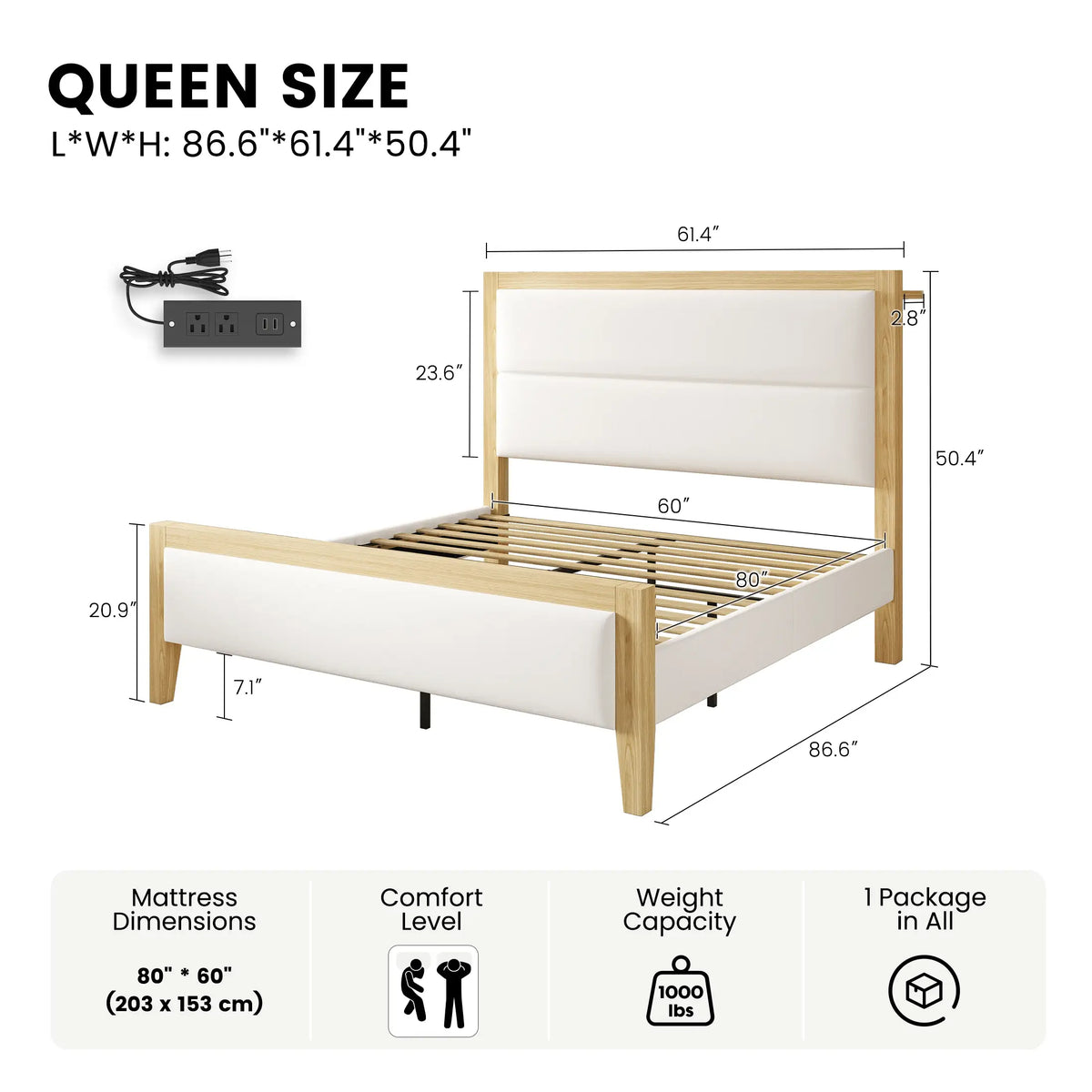 Sevan Solid Wood Upholstered Platform Bed with Charging Station