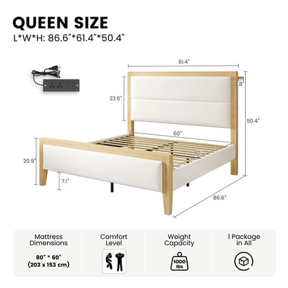 Sevan Solid Wood Upholstered Platform Bed with Charging Station