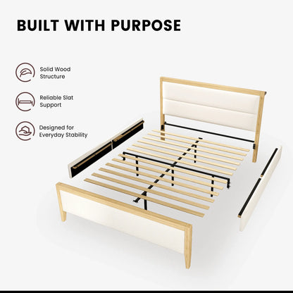 Sevan Solid Wood Upholstered Platform Bed with Charging Station