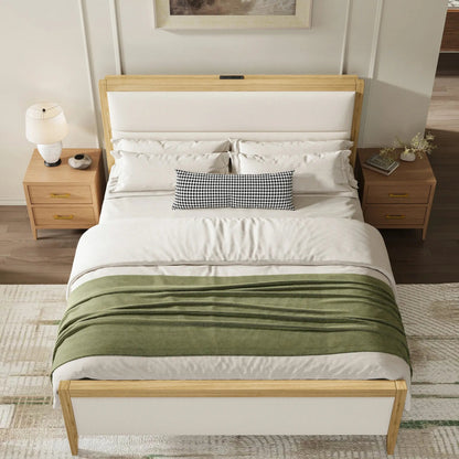 Sevan Solid Wood Upholstered Platform Bed with Charging Station