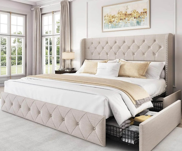 Korall Linen Upholstered Platform Bed Frame with Storage