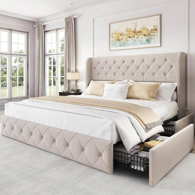 Larmace Modern Upholstered Platform Bed Frame with Button Tufted Velvet Wingback Headboard, 4 Storage Drawers Underneath Beige