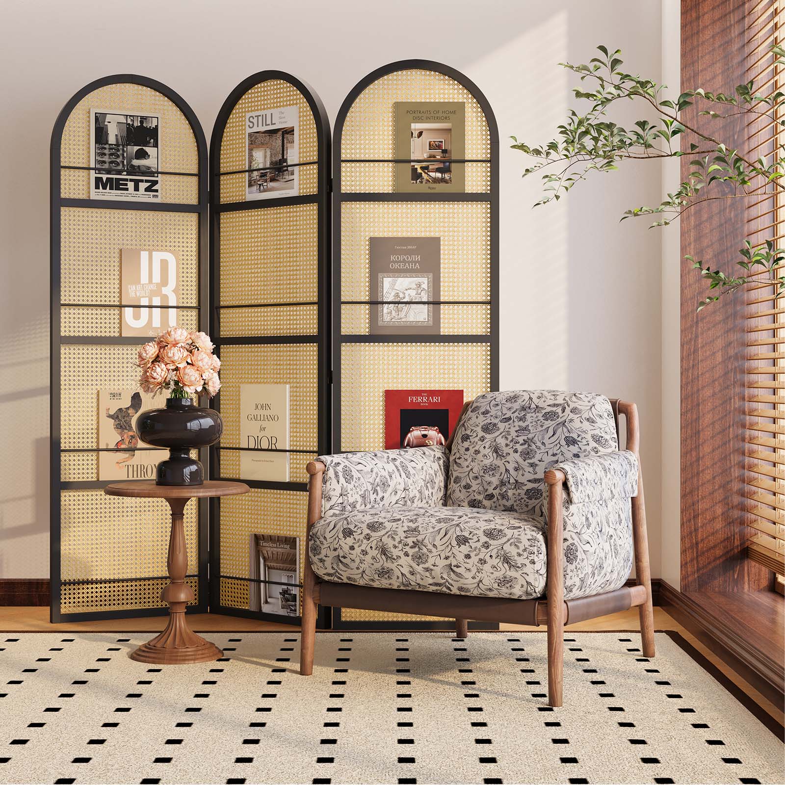 Bold black wooden folding privacy screen creating a stylish separation in a contemporary studio apartment