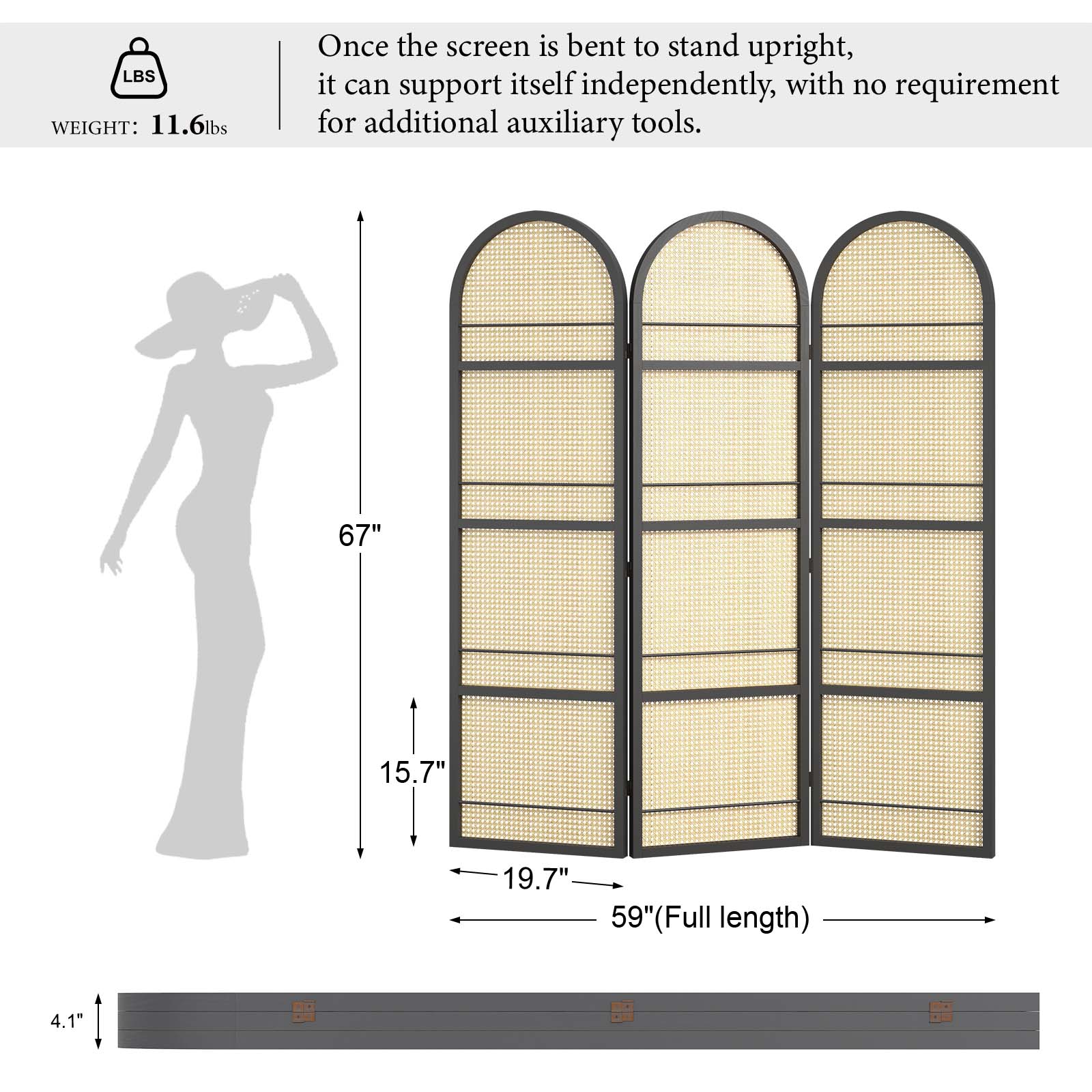 Dimensions and measurements in inches of the Larmace black arched 4-panel room divider