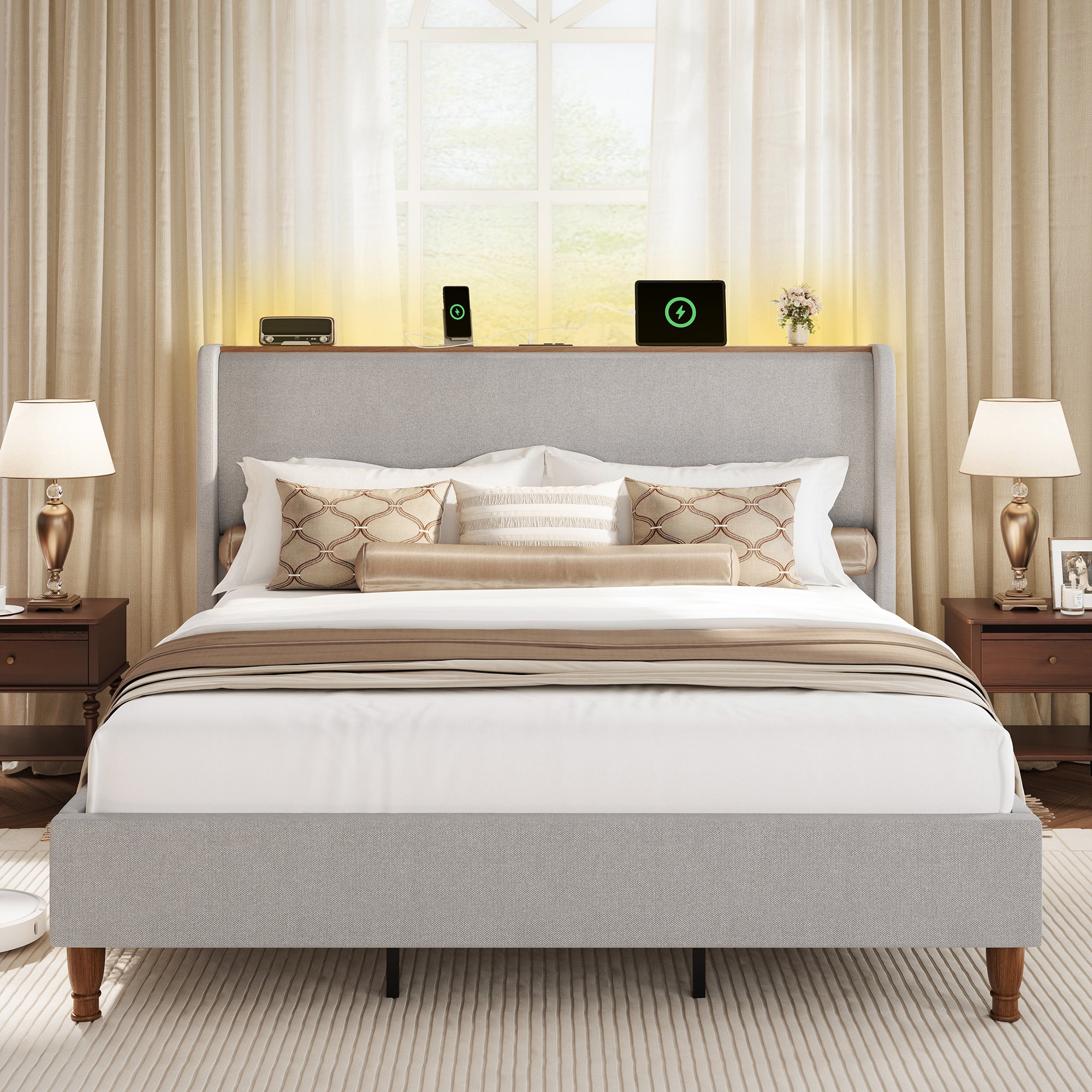 Arc Linen Tall Headbaord Storage Bed Frame with  Led & Charging