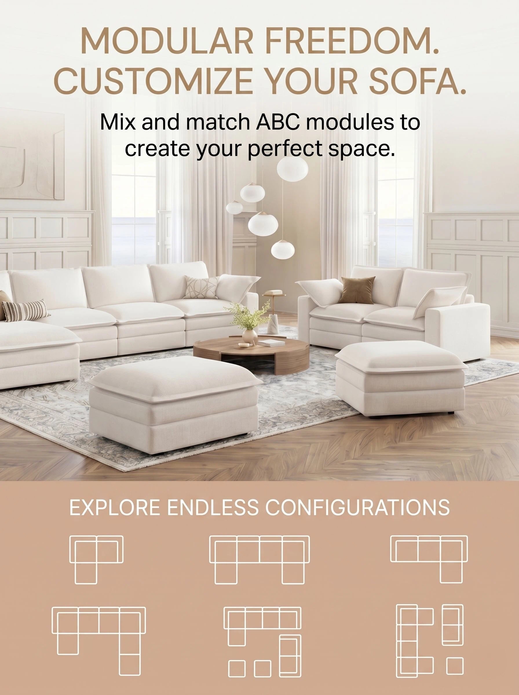 Modular freedom: mix and match configurations for the Densa **dark gray u shape sectional sofa**, a **7 seater** cloud sofa set with **movable ottomans** for custom living room layouts