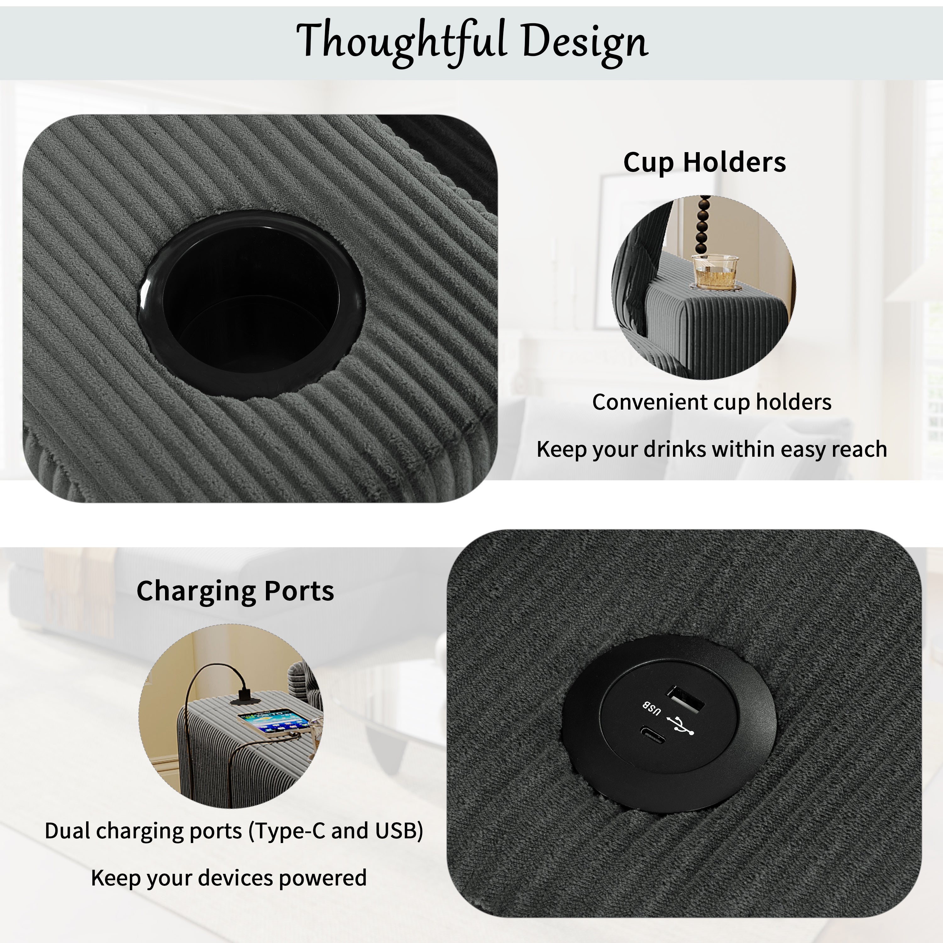 Kova 111" L-Shaped Chaise Longue Sofa  | USB-C Charging  |  Cup Holders