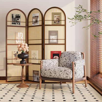 Dark brown aesthetic arched wooden privacy screen used as an elegant backdrop in a home office