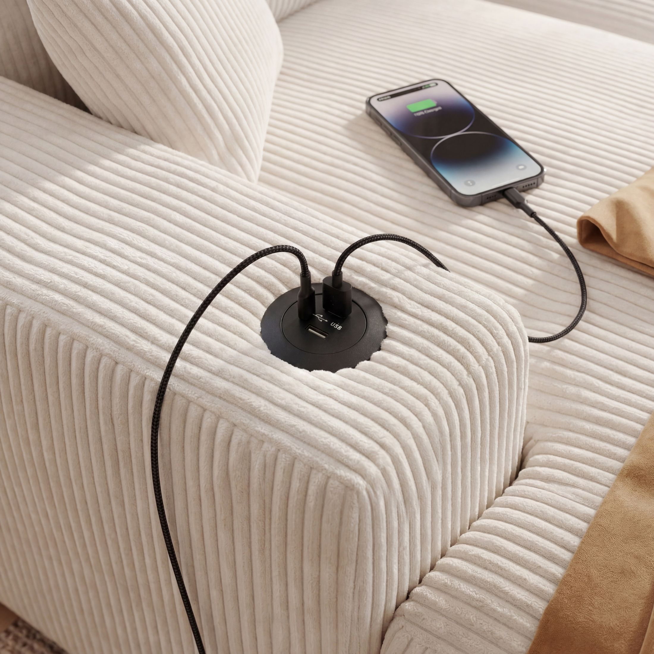 Kova 111" L-Shaped Chaise Longue Sofa  | USB-C Charging  |  Cup Holders