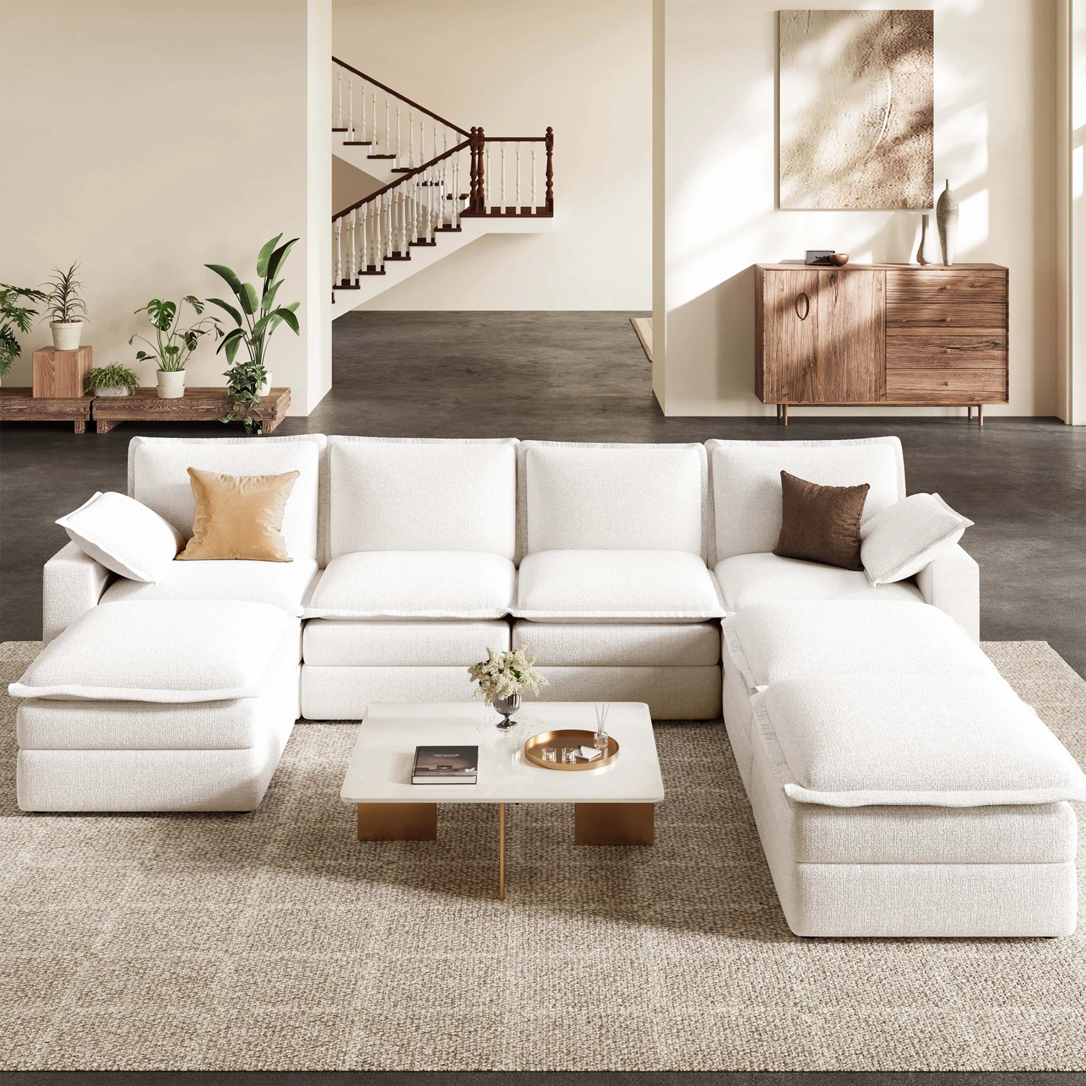 Densa 125" modular U-shaped cloud sofa in off-white chenille, 7-seater sectional for living room.