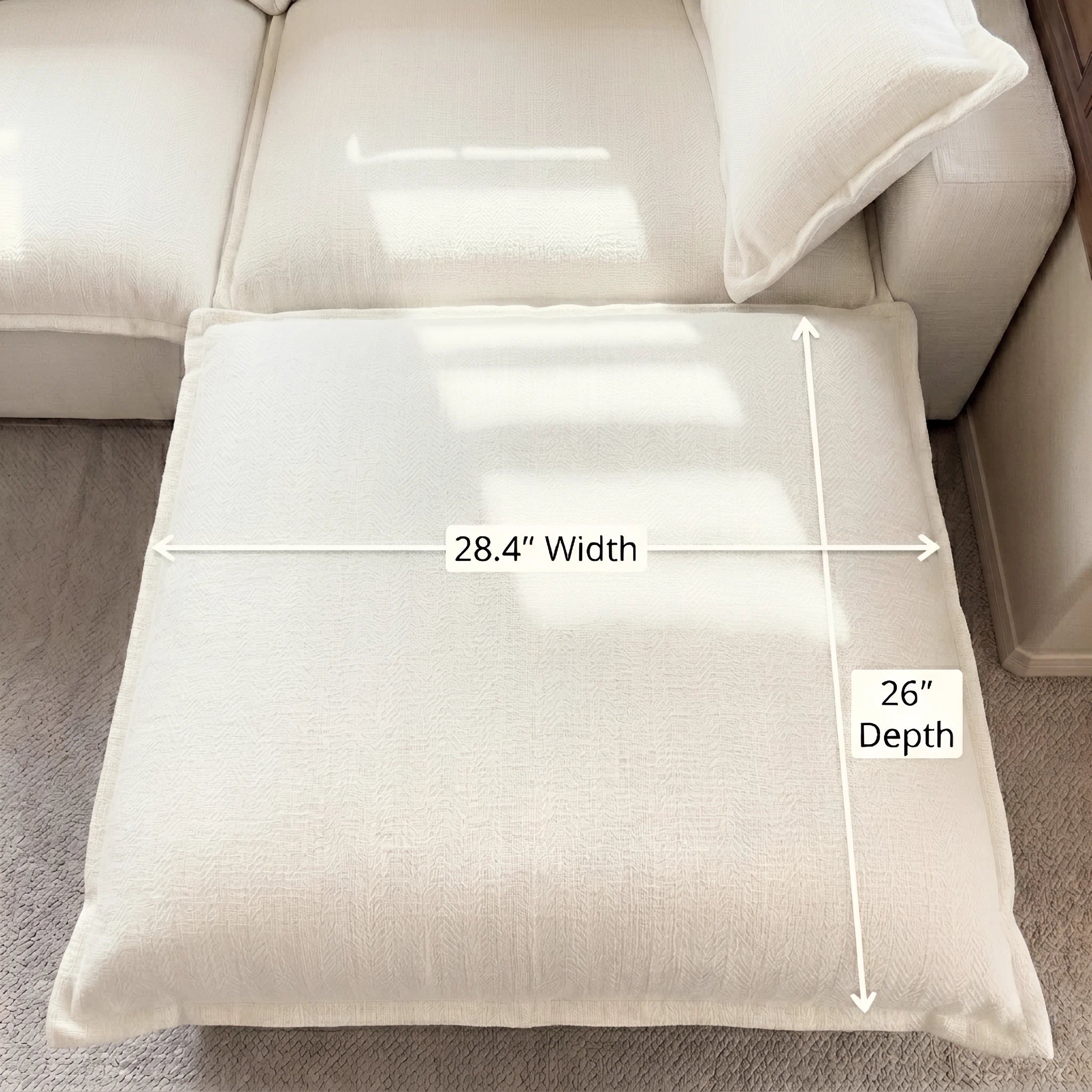 Showing the 26" extra deep seat of the Densa u shape sectional sofa, a luxury 7 seater modular cloud sofa with versatile movable ottomans.