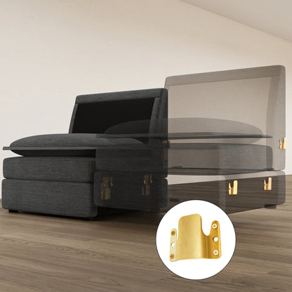 Close-up of the gold-tone interlocking connector on a dark gray Densa modular sofa, showing the secure base attachment system