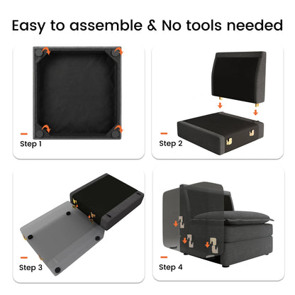 Step-by-step assembly instructions for Densa dark gray modular sofa, showing the easy 4-step tool-free installation process