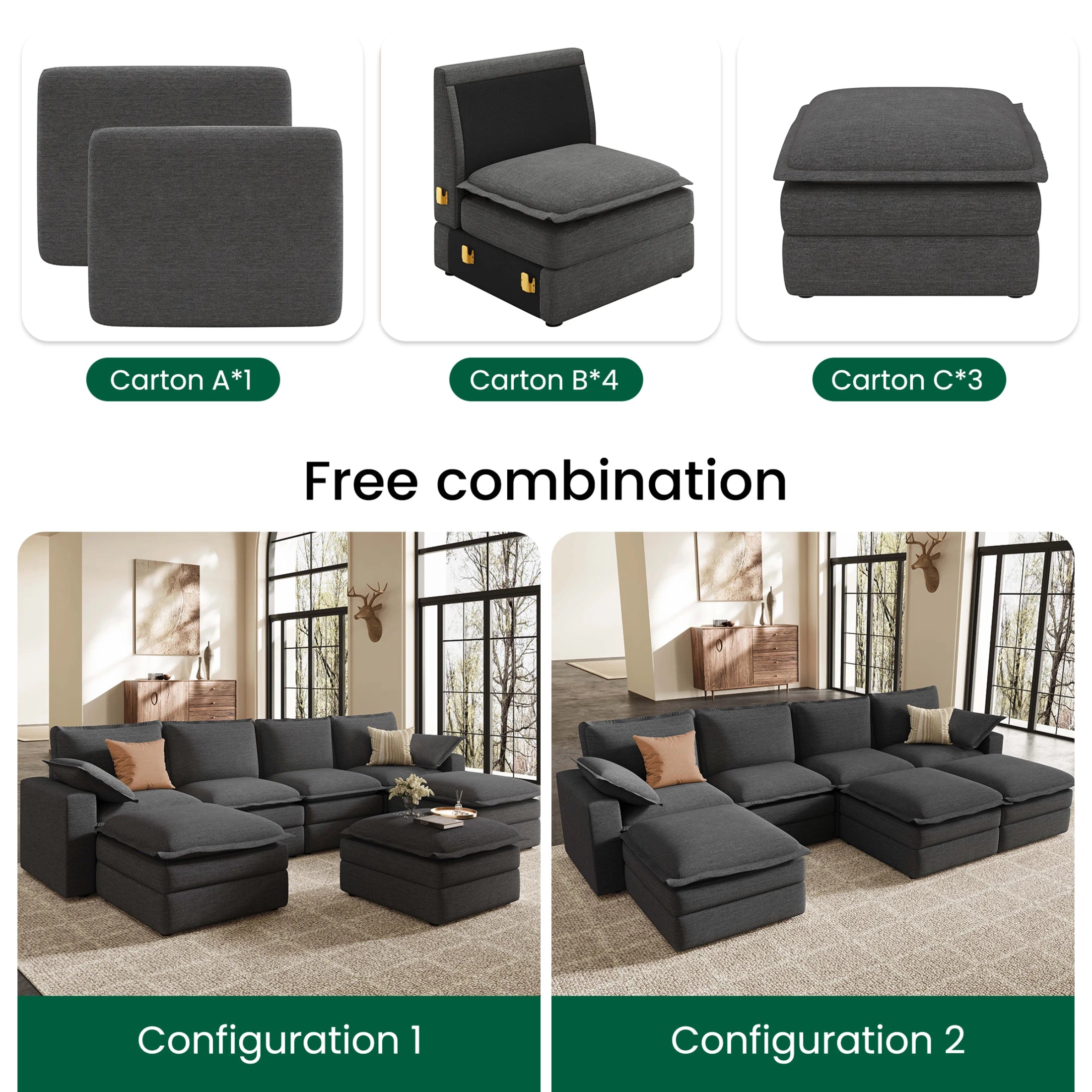 Densa dark gray **u shape sectional sofa** features a **7 seater** design with **movable ottomans**, shipped in 8 boxes for **free combination** layouts