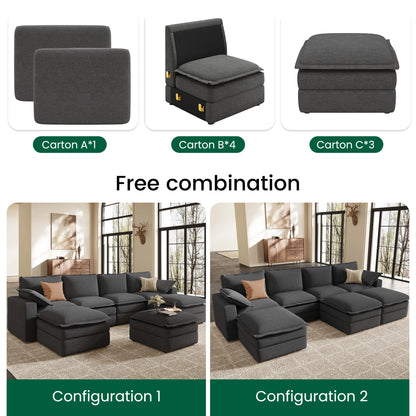 Densa dark gray **u shape sectional sofa** features a **7 seater** design with **movable ottomans**, shipped in 8 boxes for **free combination** layouts
