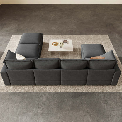 Rear top view of Densa 125" modular U-shaped cloud sofa in dark gray, showcasing the 7-seater conversation pit layout in a modern living room