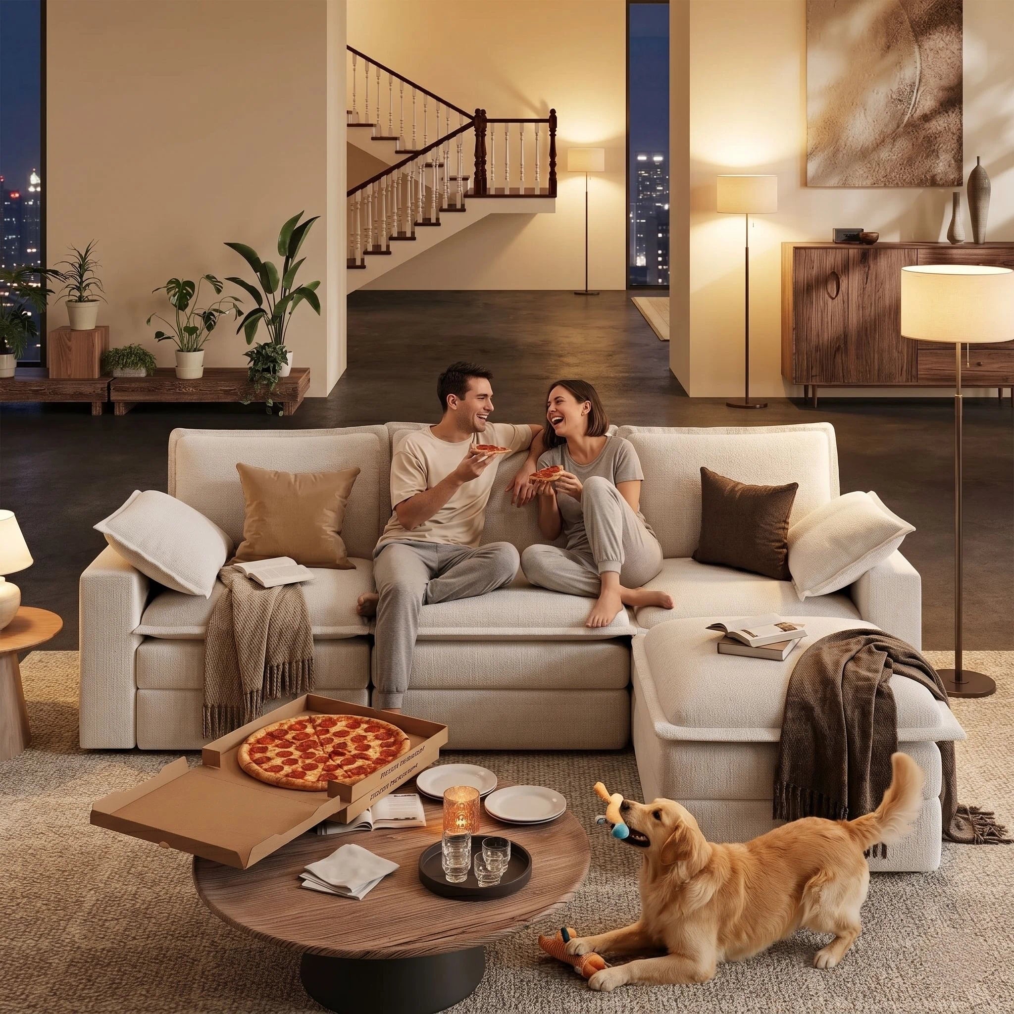 Couple and a dog relaxing on the Densa L shaped sectional sofa at night, a modular 3-4 seater cloud sofa with premium chenille fabric and 330 lbs per seat support