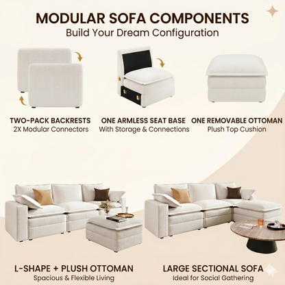 Close-up of the reinforced steel interlocking connectors on a Densa modular sofa, showing the secure snap-on assembly system.