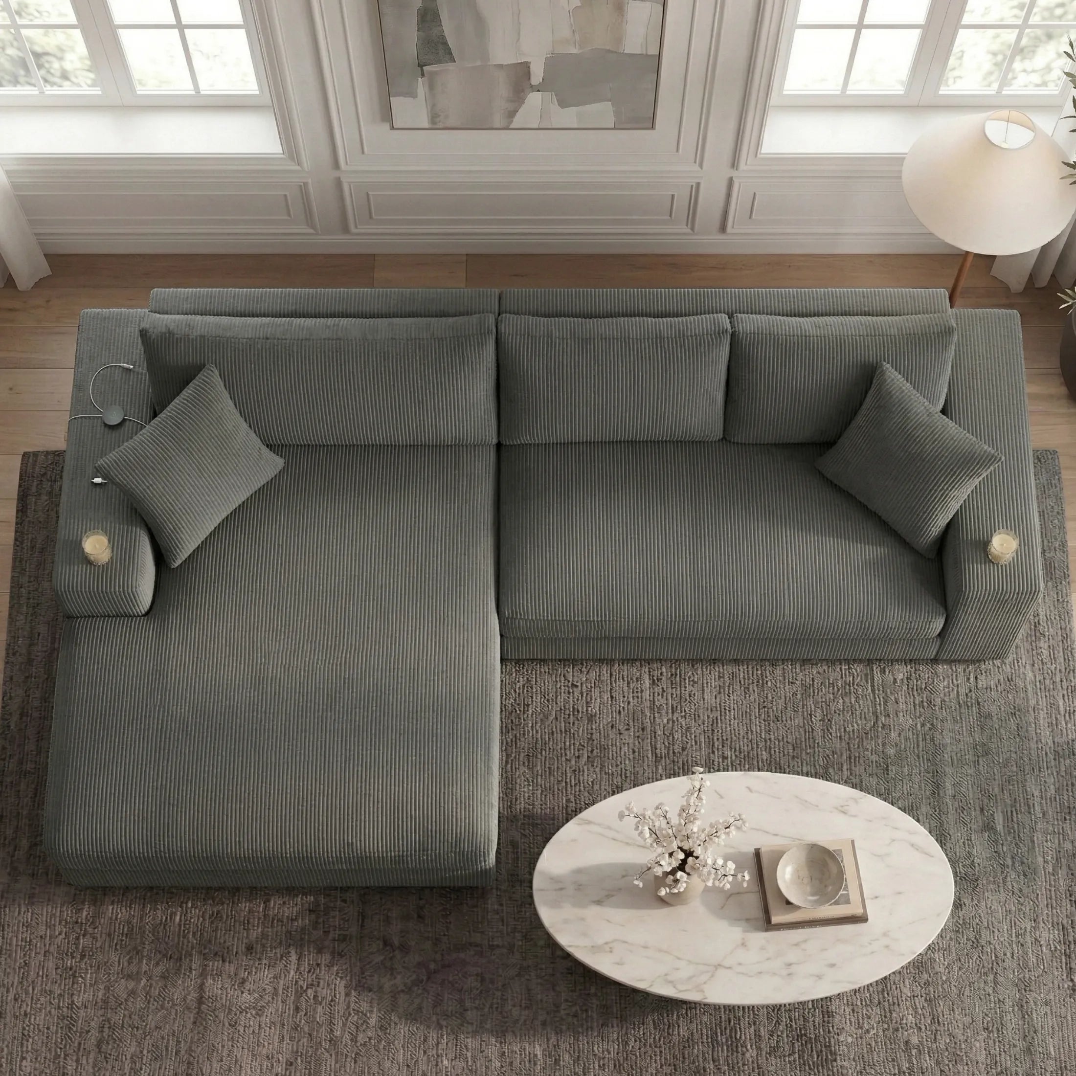 Kova 111" L-Shaped Chaise Longue Sofa  | USB-C Charging  |  Cup Holders