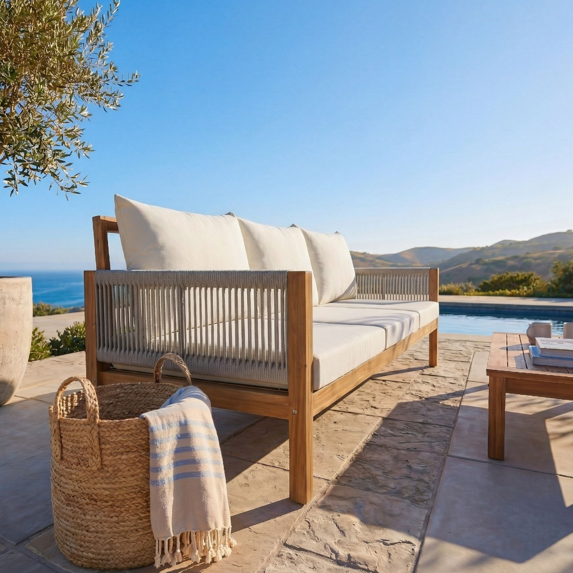 Luvia 3 Seat Acacia Wood Outdoor Sofa, 4 in 1 All-Weather Daybed