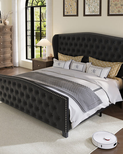 Larmace Upholstered Wingback Bed with High Tufted Headboard for Bedroom, KING SIZE