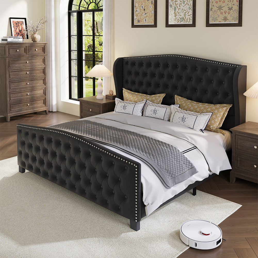 Larmace Upholstered Wingback Bed with High Tufted Headboard for Bedroom, KING SIZE