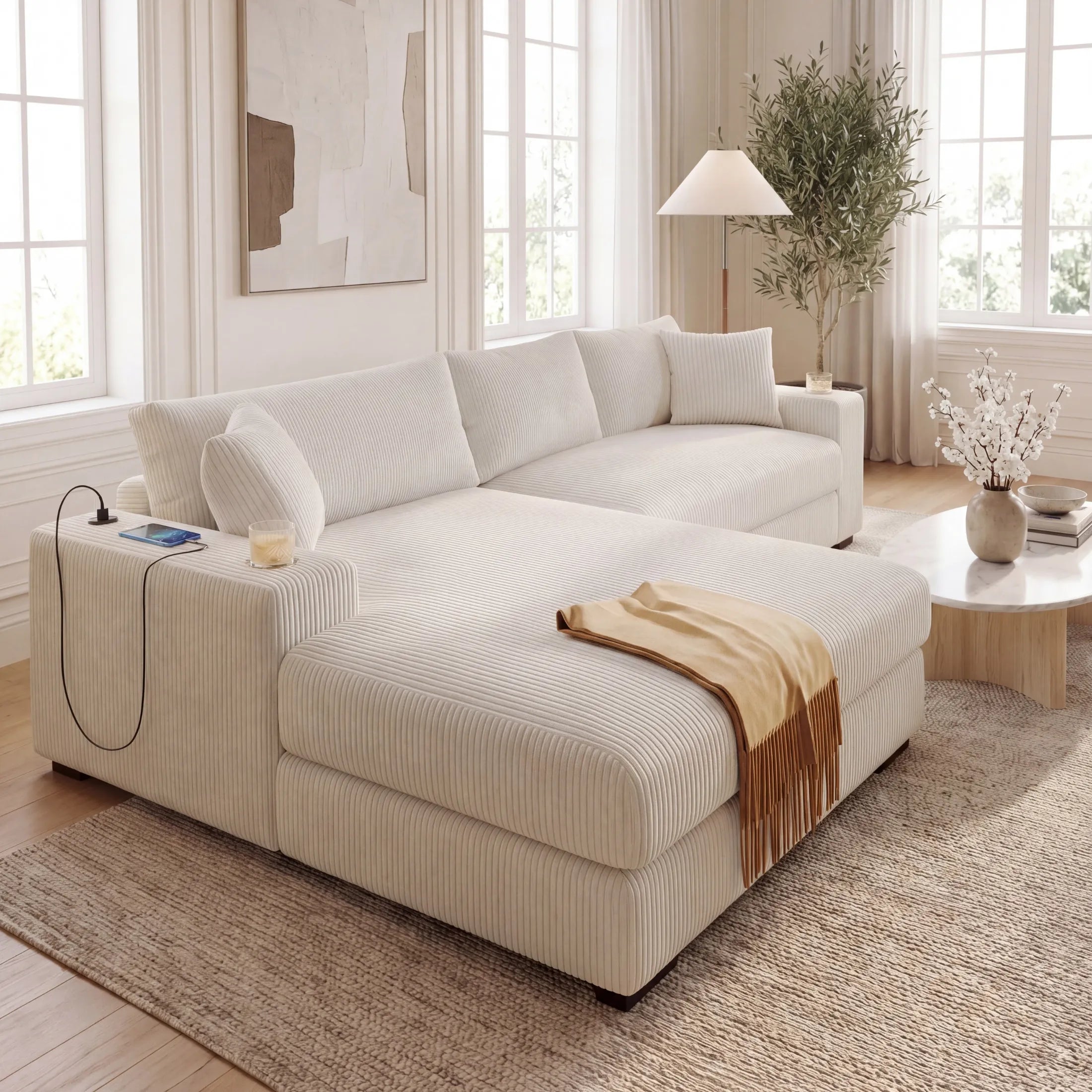 Kova 111" L-Shaped Chaise Longue Sofa  | USB-C Charging  |  Cup Holders