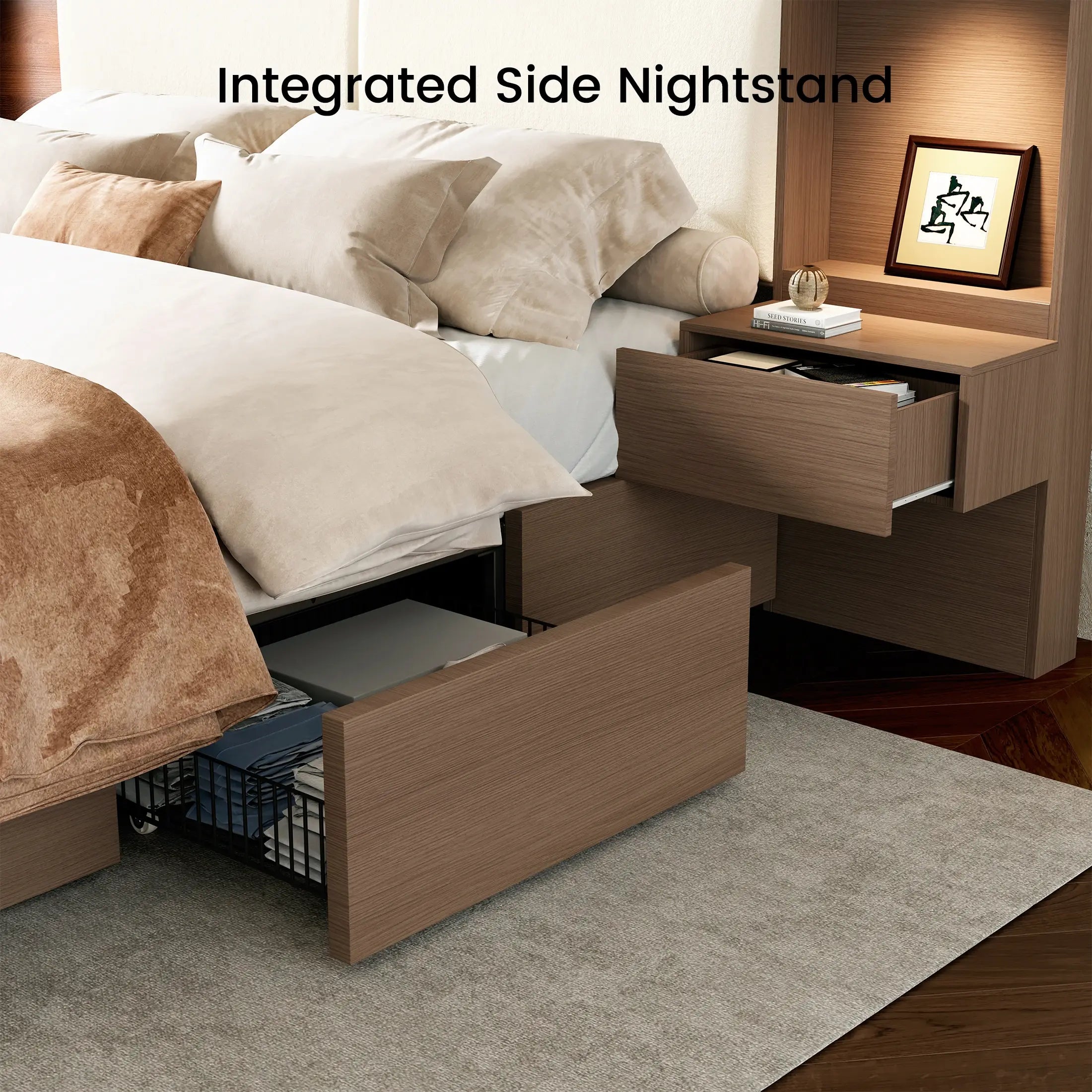 Kaelen Wooden Storage Bed with Built-in Nightstands & Reading Lights