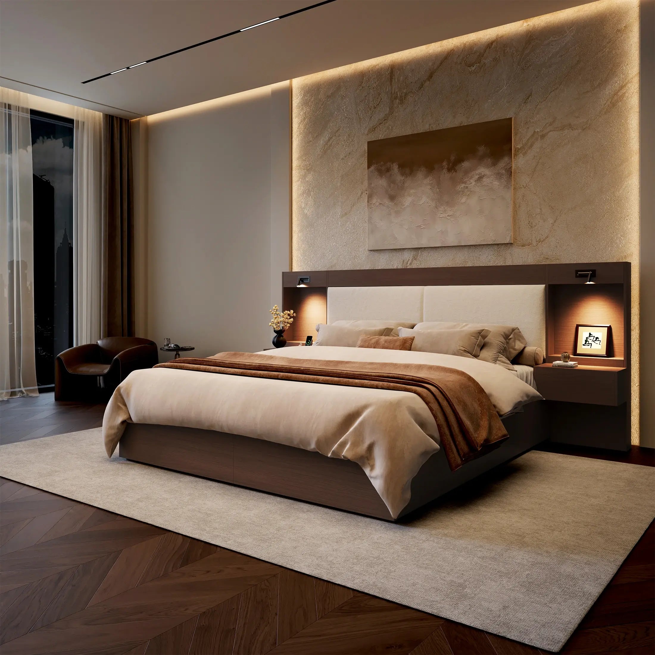 Kaelen Wooden Storage Bed with Built-in Nightstands & Reading Lights