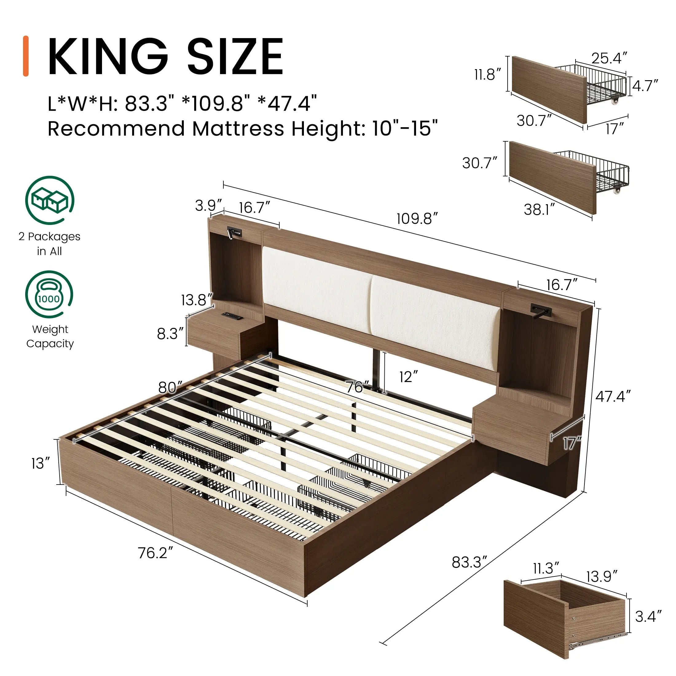 Kaelen Wooden Storage Bed with Built-in Nightstands & Reading Lights