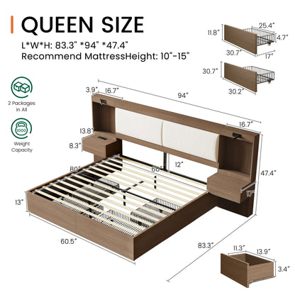 Kaelen Wooden Storage Bed with Built-in Nightstands & Reading Lights