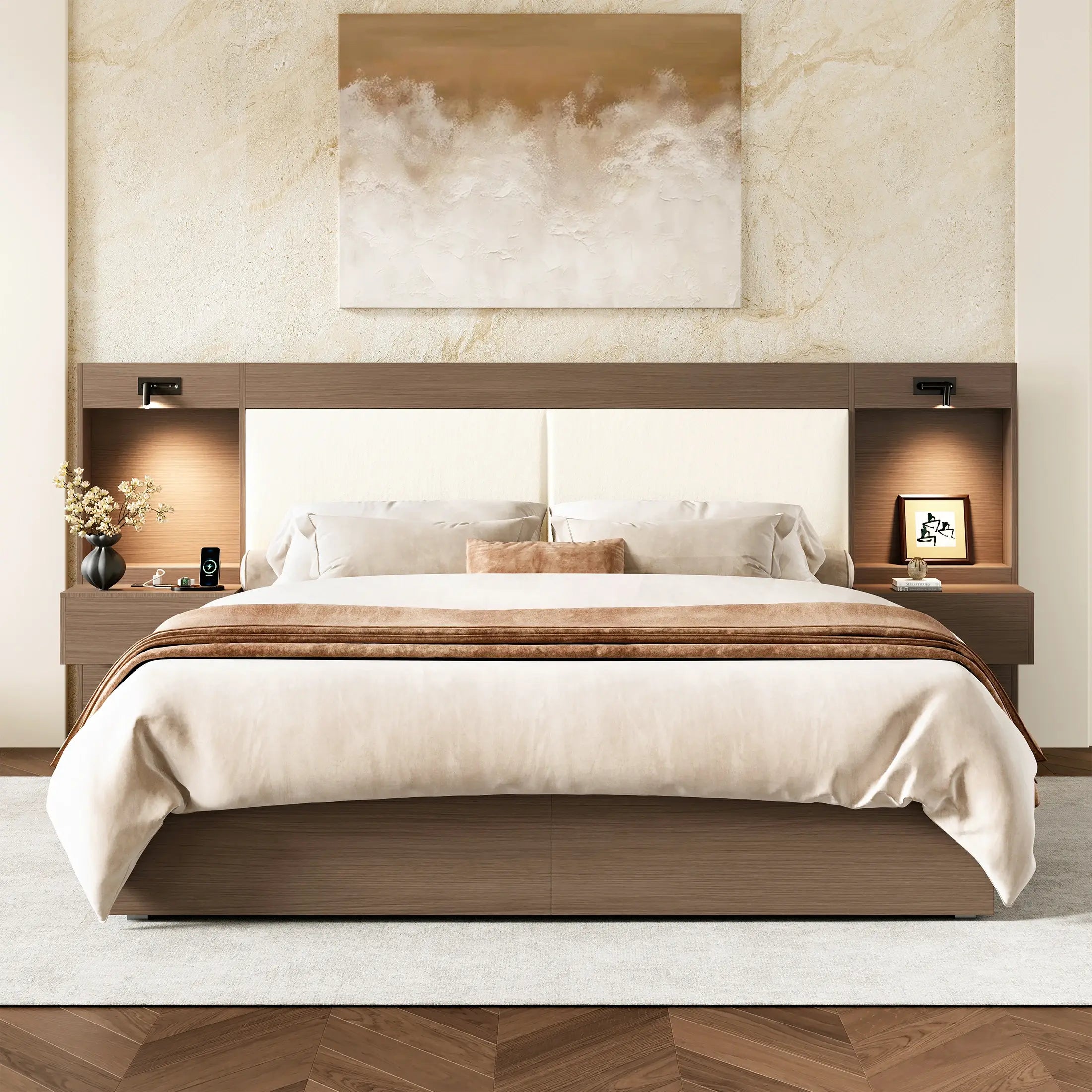 Kaelen Wooden Storage Bed with Built-in Nightstands & Reading Lights
