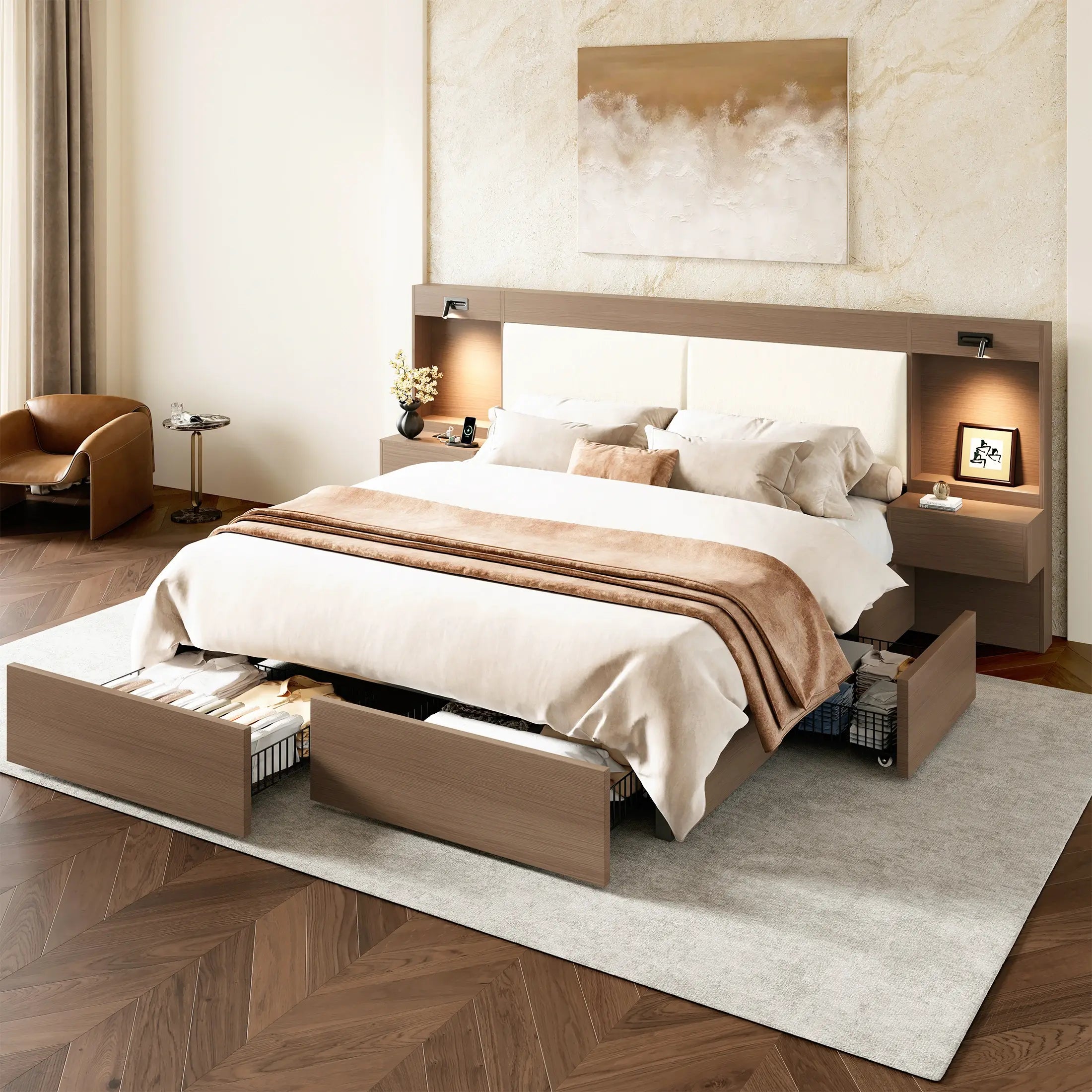 Kaelen Wooden Storage Bed with Built-in Nightstands & Reading Lights