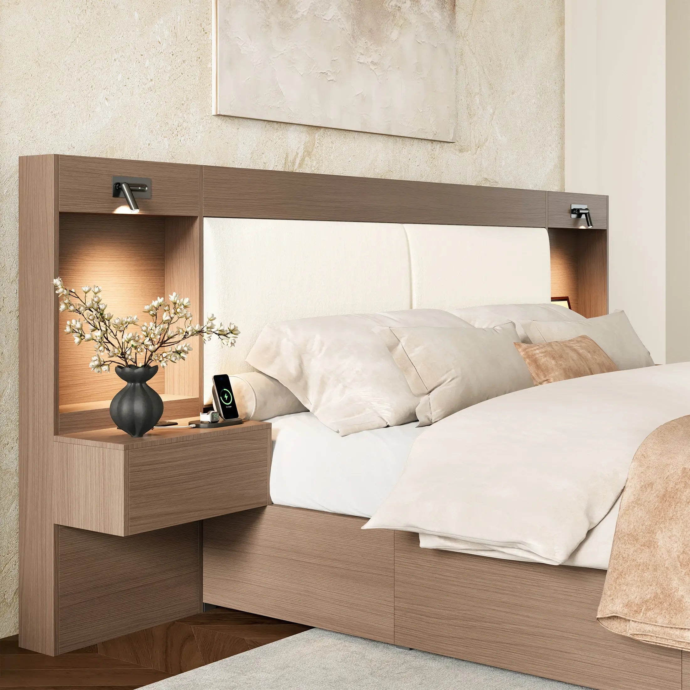 Kaelen Wooden Storage Bed with Built-in Nightstands & Reading Lights