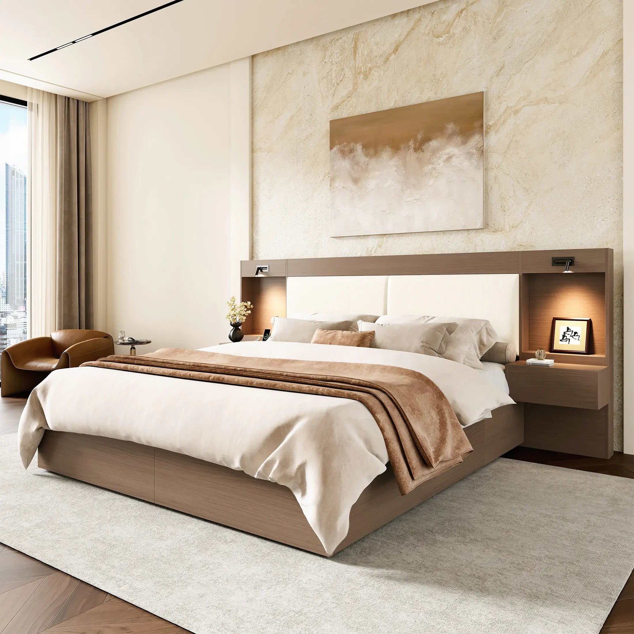 Kaelen Wooden Storage Bed with Built-in Nightstands & Reading Lights
