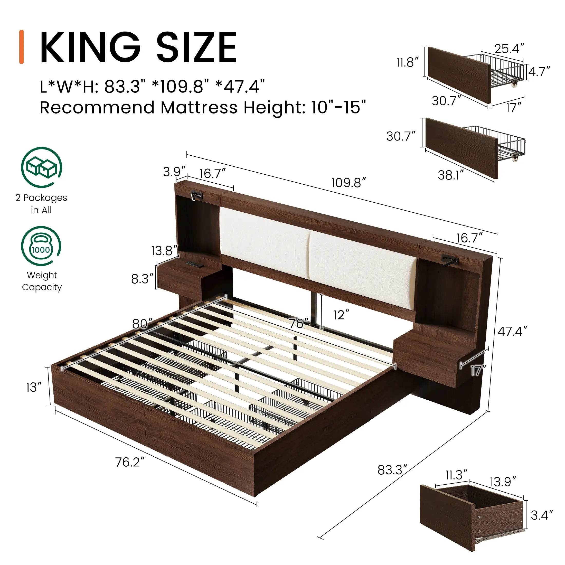 Kaelen Wooden Storage Bed with Built-in Nightstands & Reading Lights