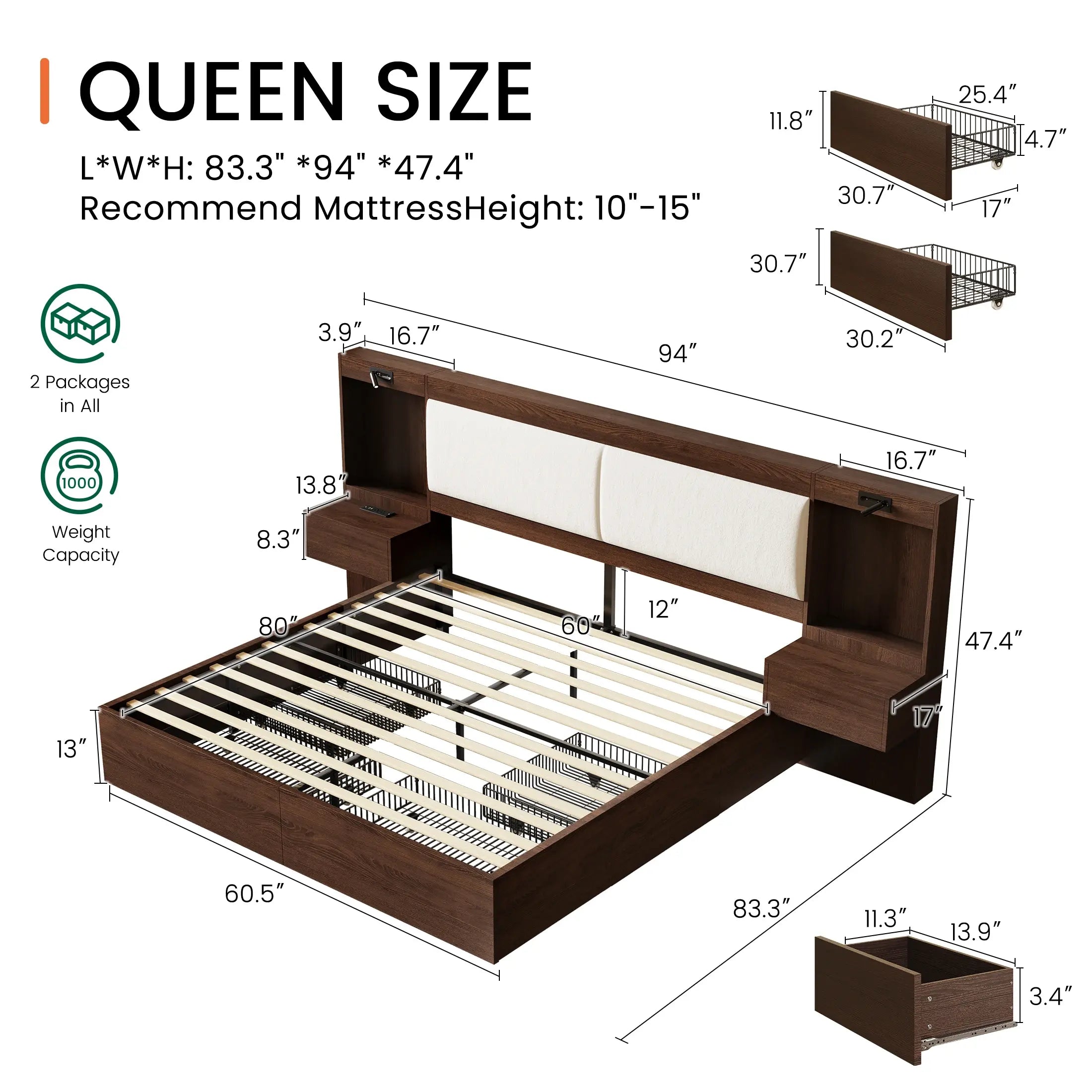 Kaelen Wooden Storage Bed with Built-in Nightstands & Reading Lights