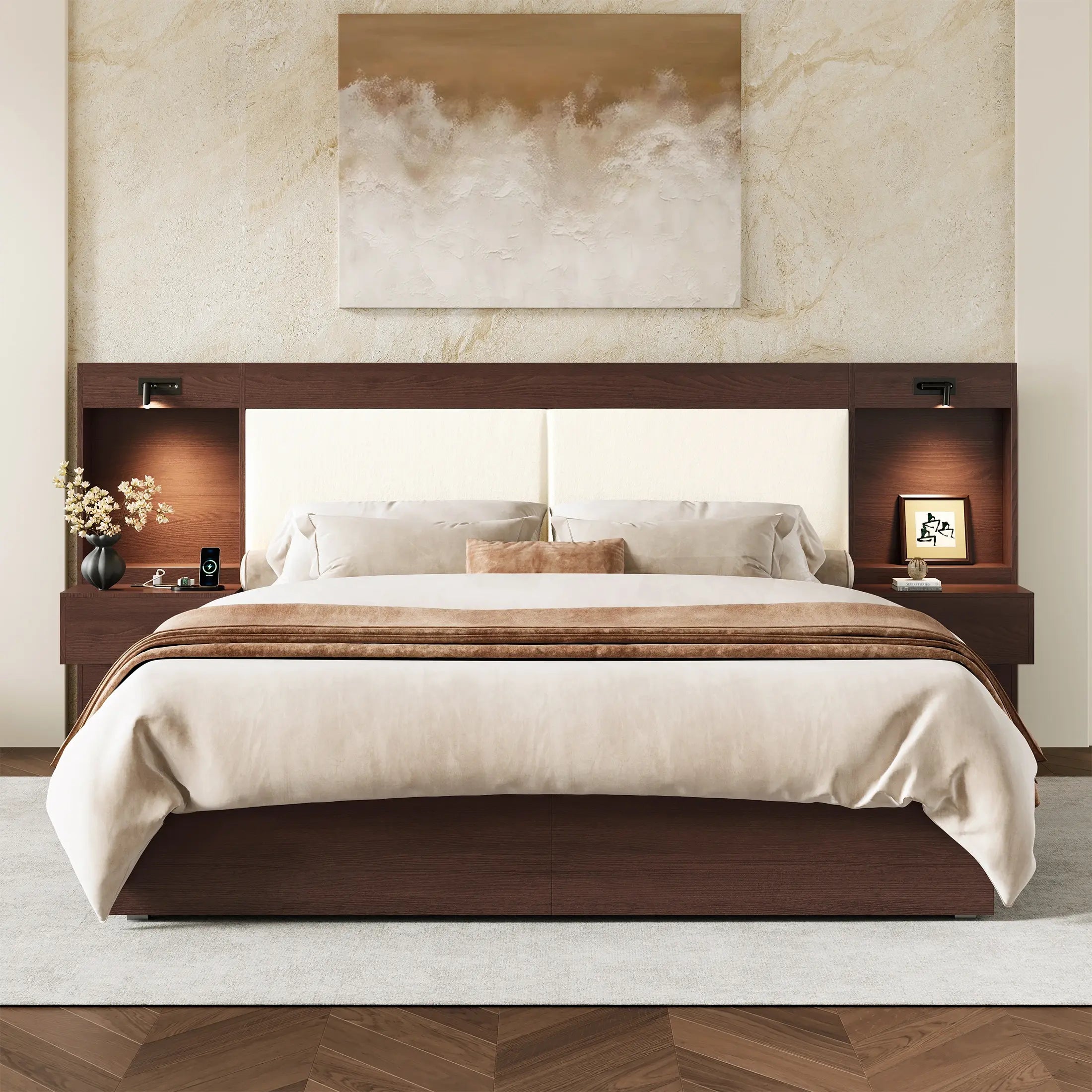 Kaelen Wooden Storage Bed with Built-in Nightstands & Reading Lights