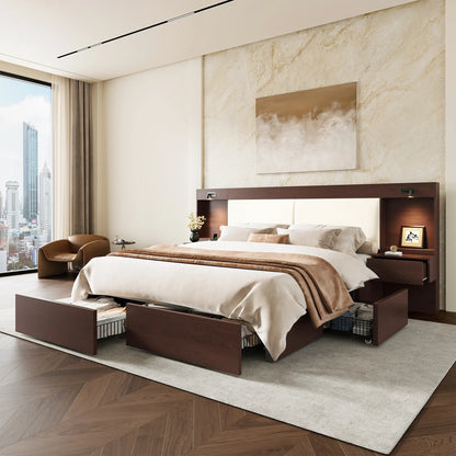 Kaelen Wooden Storage Bed with Built-in Nightstands & Reading Lights