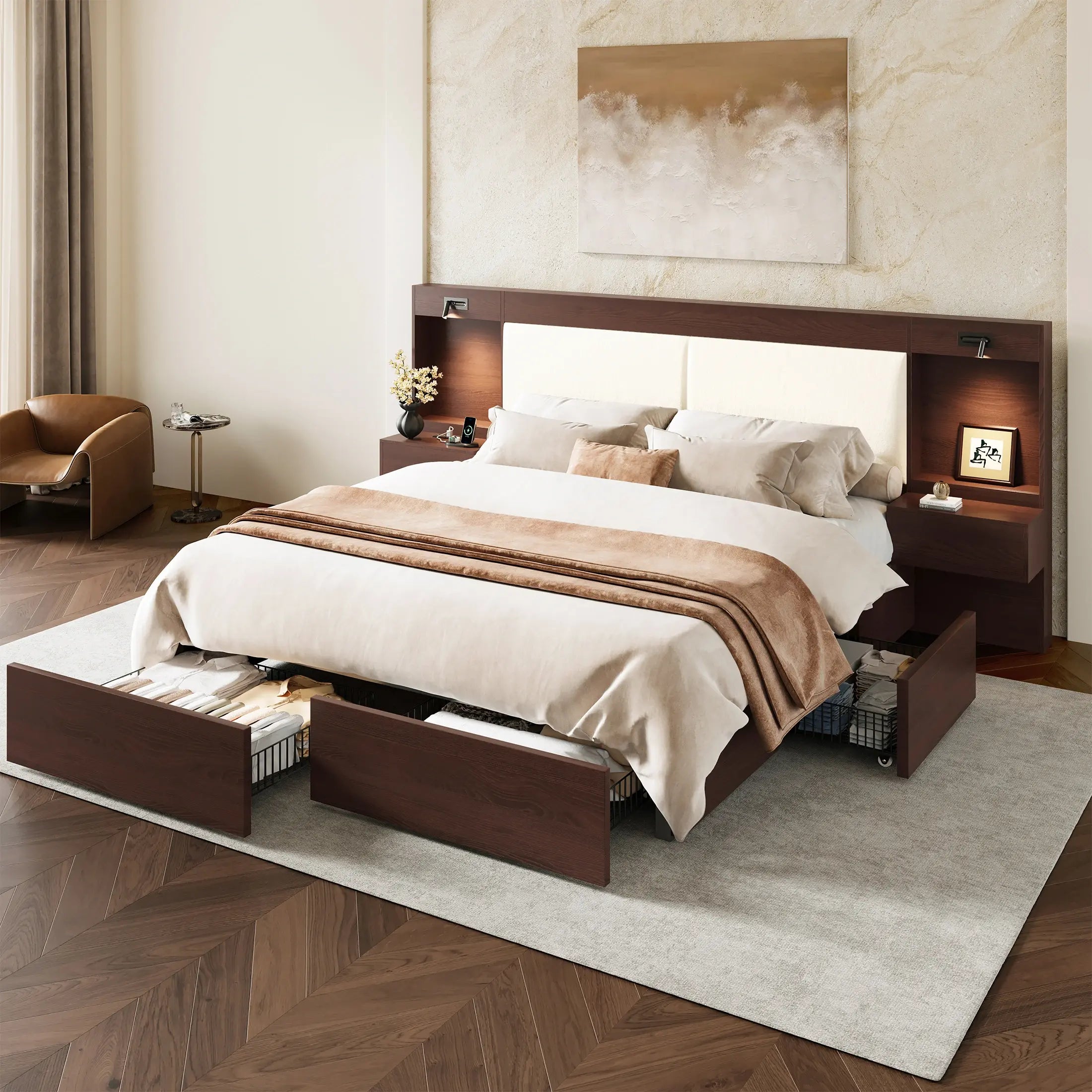 Kaelen Wooden Storage Bed with Built-in Nightstands & Reading Lights