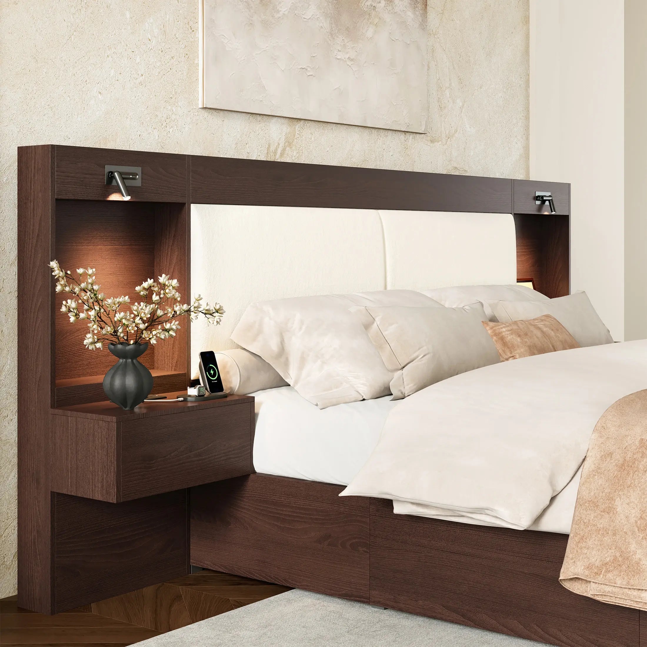 Kaelen Wooden Storage Bed with Built-in Nightstands & Reading Lights