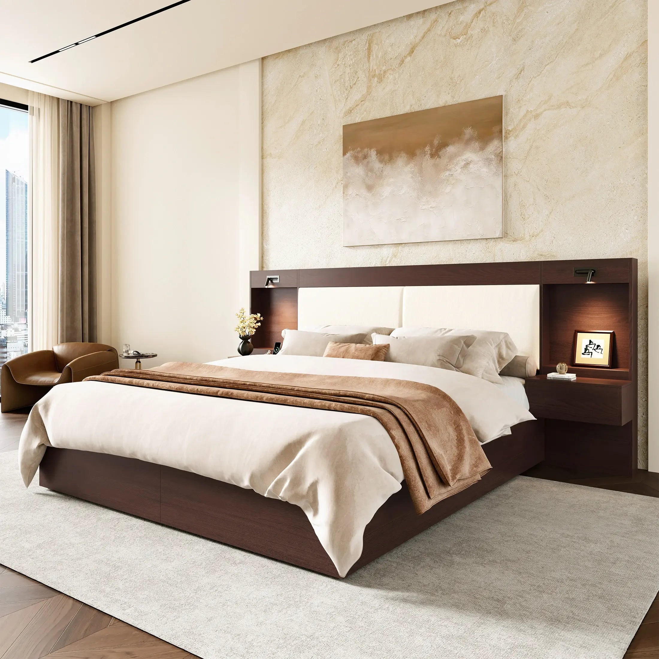 Kaelen Wooden Storage Bed with Built-in Nightstands & Reading Lights
