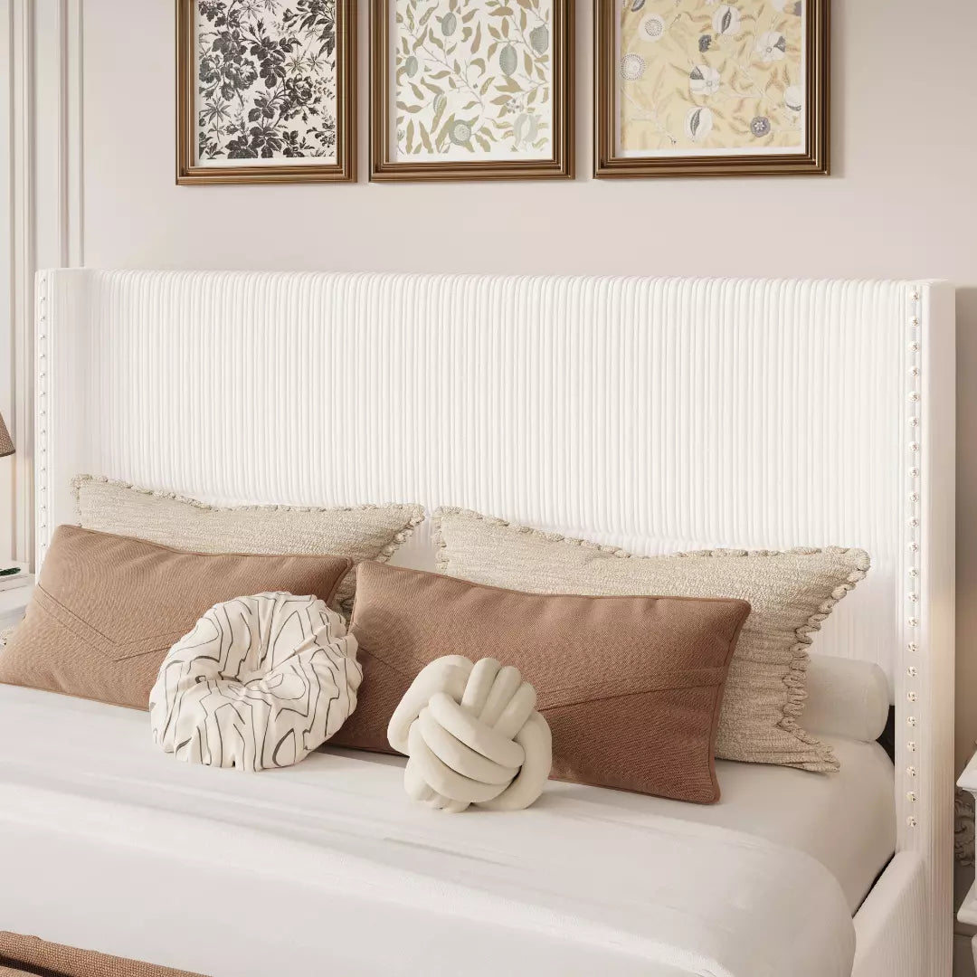 Elysia Corduroy Upholstered Platform Bed Frame with Nailhead Wingback
