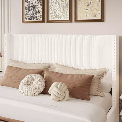 Elysia Corduroy Upholstered Platform Bed Frame with Nailhead Wingback