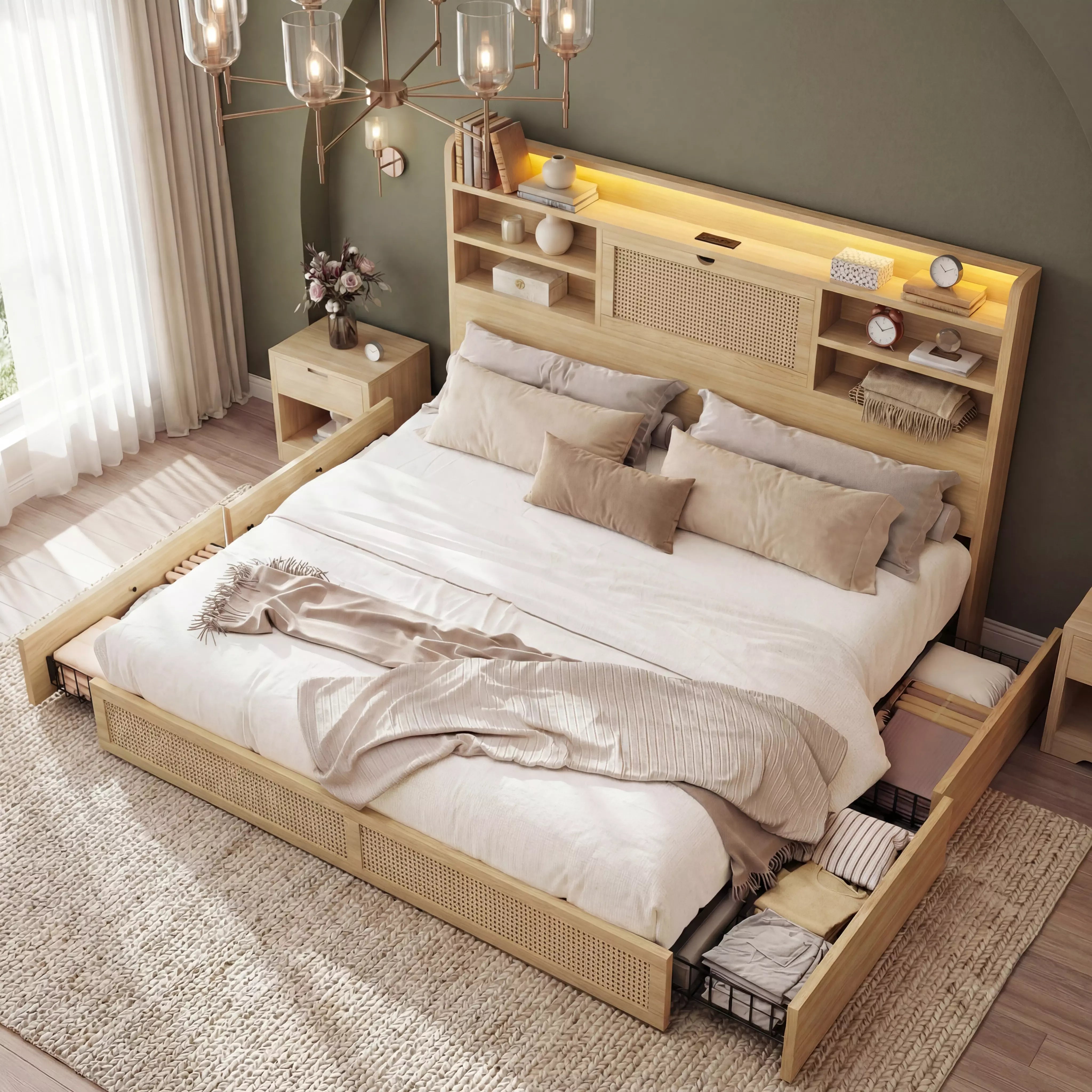 Boho Chic Rattan Storage Bookcase Bed Frame