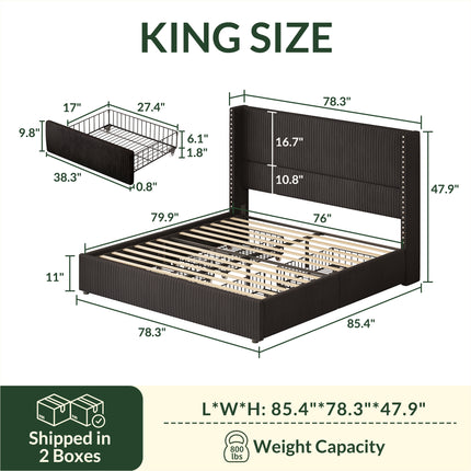 Larmace Upholstered Corduroy Bed Frame  with 4 Storage Drawers,Platform Bed Frame with Vertical Stripe Wingback Headboard,Beige