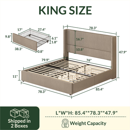 Larmace Upholstered Corduroy Bed Frame  with 4 Storage Drawers,Platform Bed Frame with Vertical Stripe Wingback Headboard,Beige