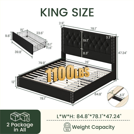 Veva Velvet Upholstered Bed Frame with Storage, 4 Drawers